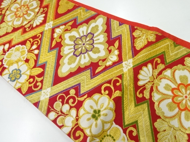 JAPANESE KIMONO / ANTIQUE FUKURO OBI / WOVEN KIKU ARABESQUE